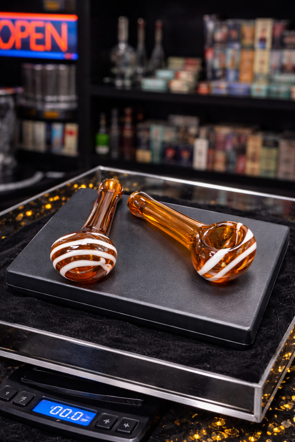Amber glass pipes on scale