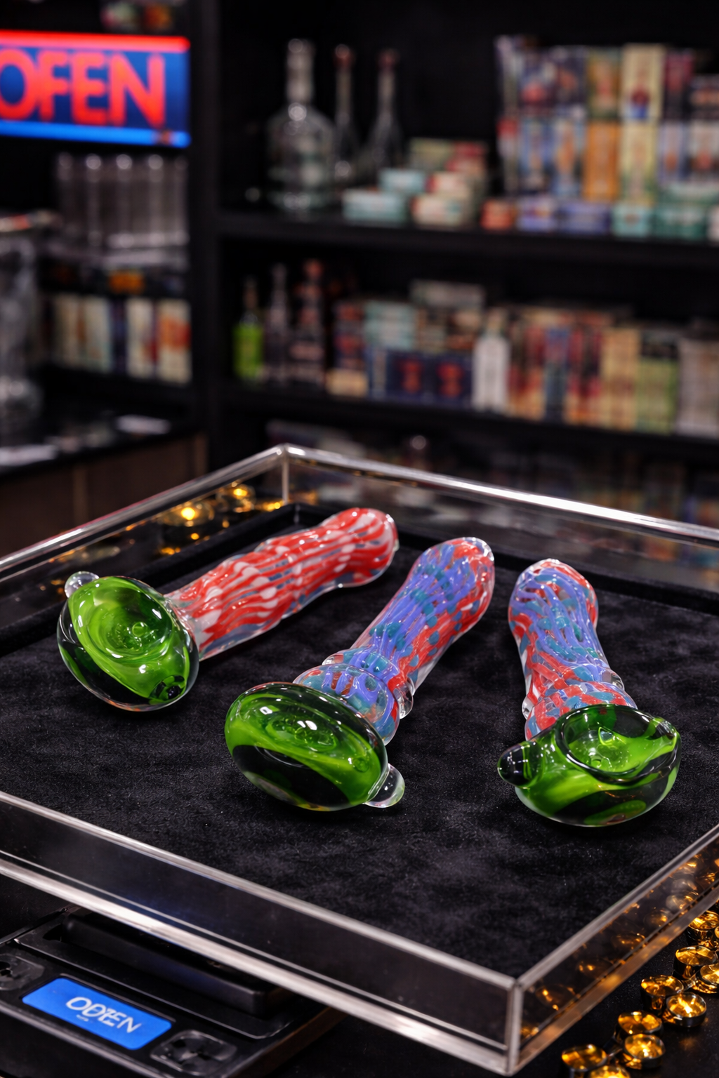 Colorful glass pipes on velvet tray