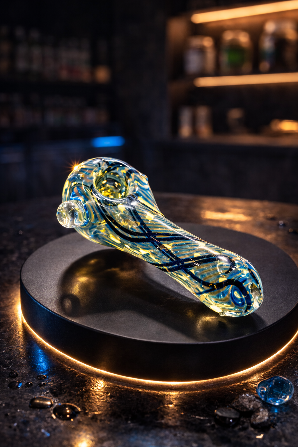 Glowing glass pipe on dark platform